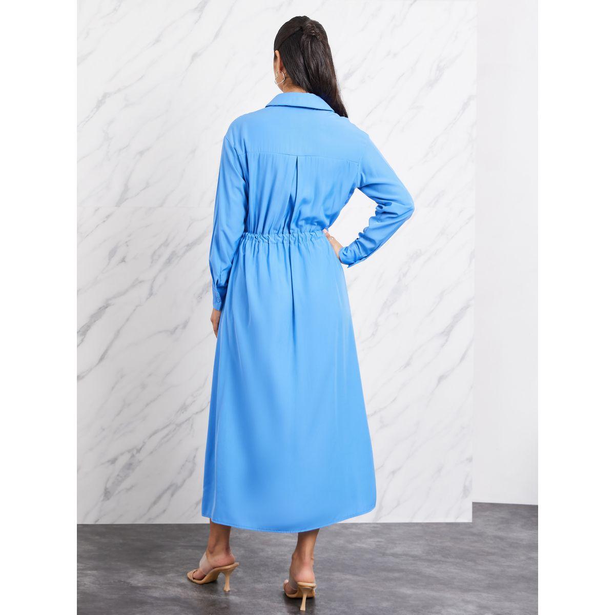 Styli Cotton  Drawstring Waistband Concealed Placket Shirt Midi Dress-women-clothing-dresses-image-4
