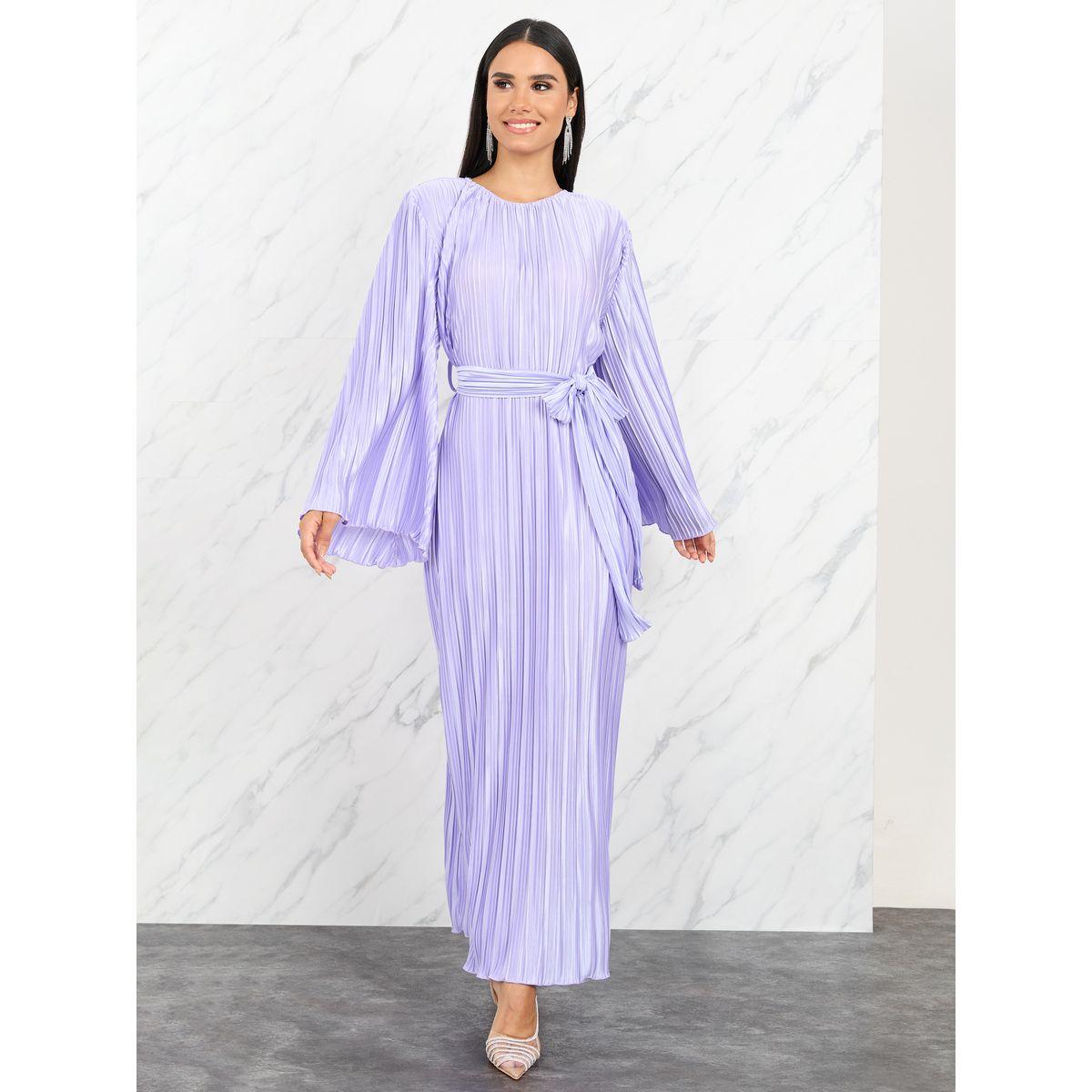 Styli Satin Pleated Flared Sleeves Maxi Dress with Self Tie Up-women-clothing-dresses-image-1