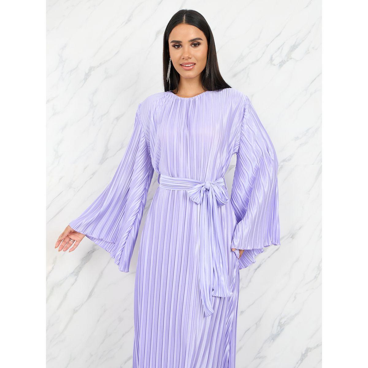 Styli Satin Pleated Flared Sleeves Maxi Dress with Self Tie Up-women-clothing-dresses-image-2