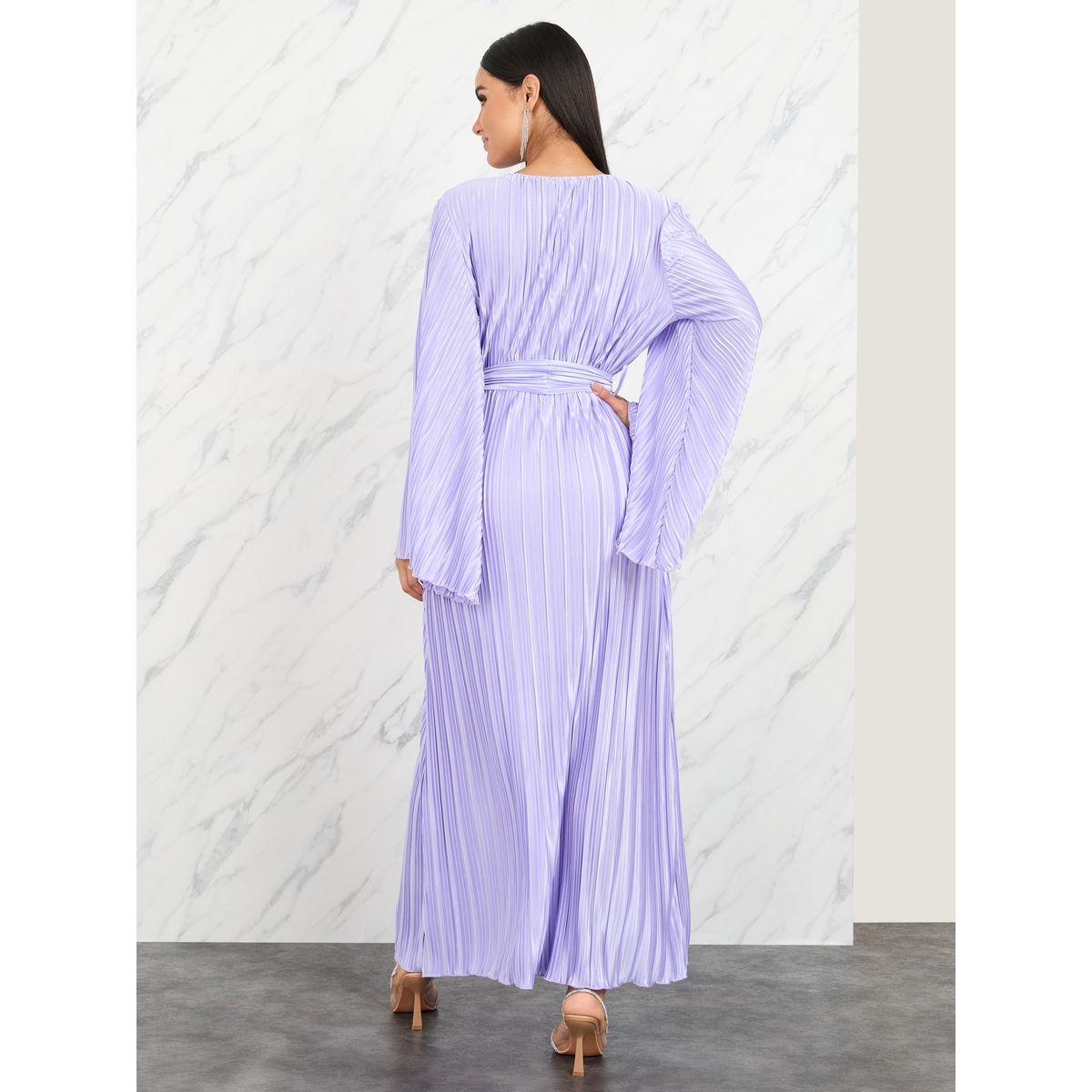 Styli Satin Pleated Flared Sleeves Maxi Dress with Self Tie Up-women-clothing-dresses-image-4