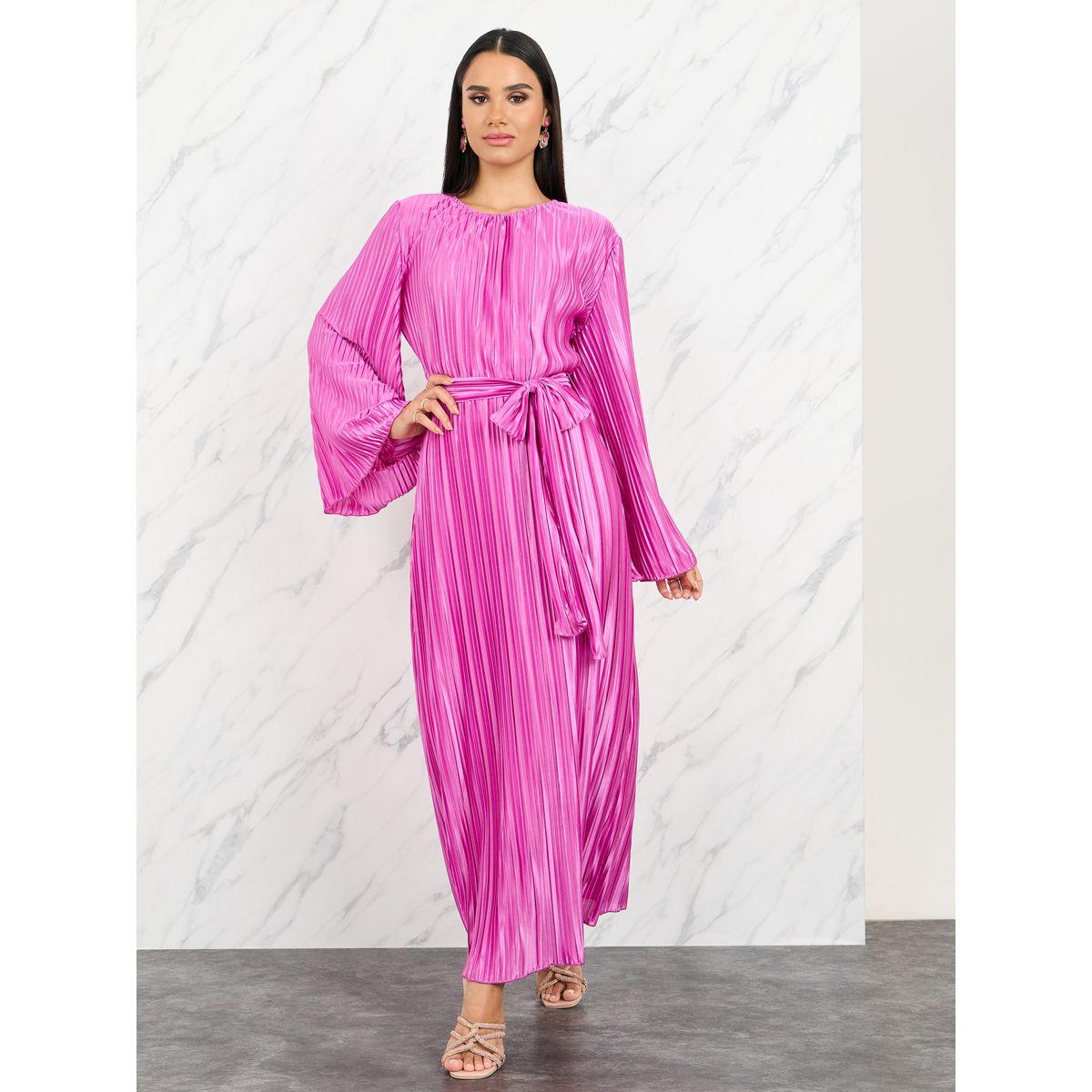 Styli Satin Pleated Flared Sleeves Maxi Dress with Self Tie Up-women-clothing-dresses-image-1
