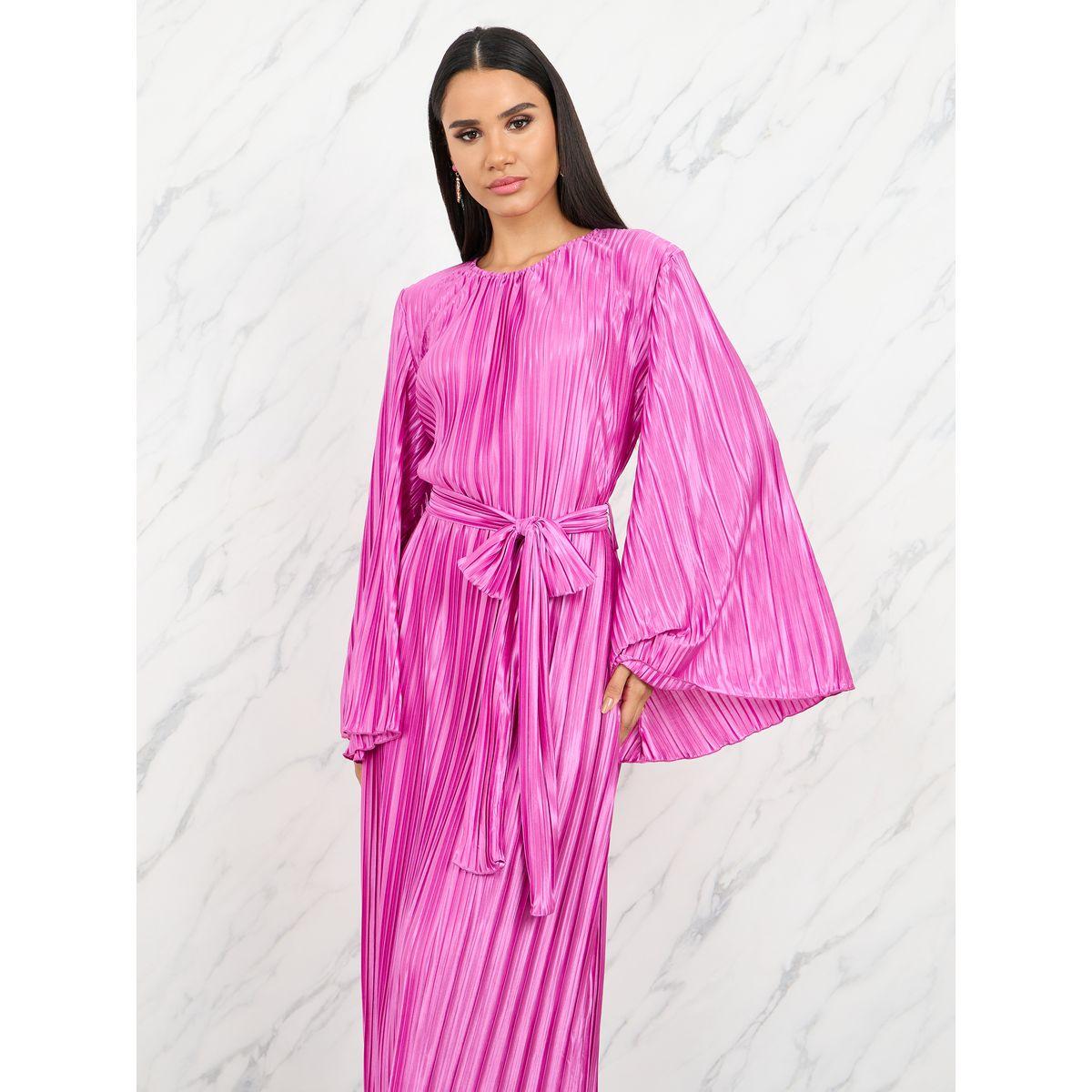 Styli Satin Pleated Flared Sleeves Maxi Dress with Self Tie Up-women-clothing-dresses-image-2