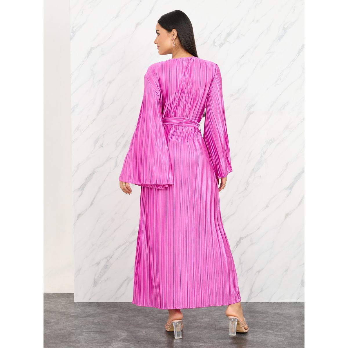 فستان طويل ساتان بكسرات مع اربطة-women-clothing-dresses-image-4