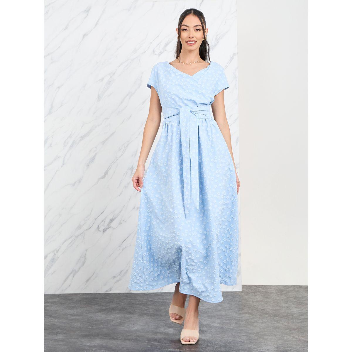 فستان طويل بتفاصيل زهور بارزة الملمس مع رباط-women-clothing-dresses-image-1