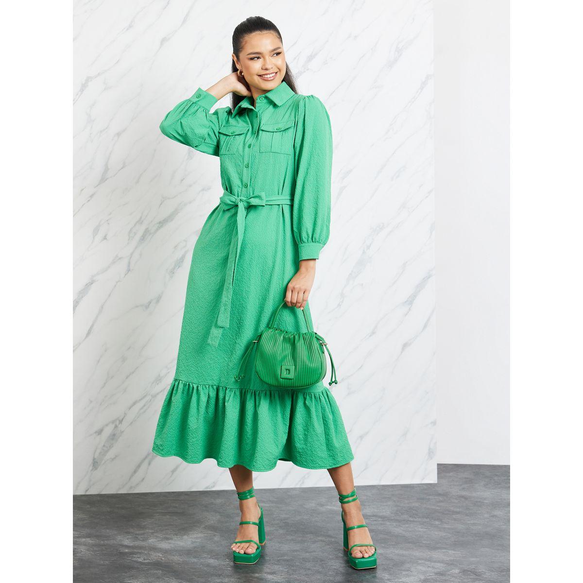 فستان ميدي بتفاصيل بارزة الملمس وأربطة-women-clothing-dresses-image-1