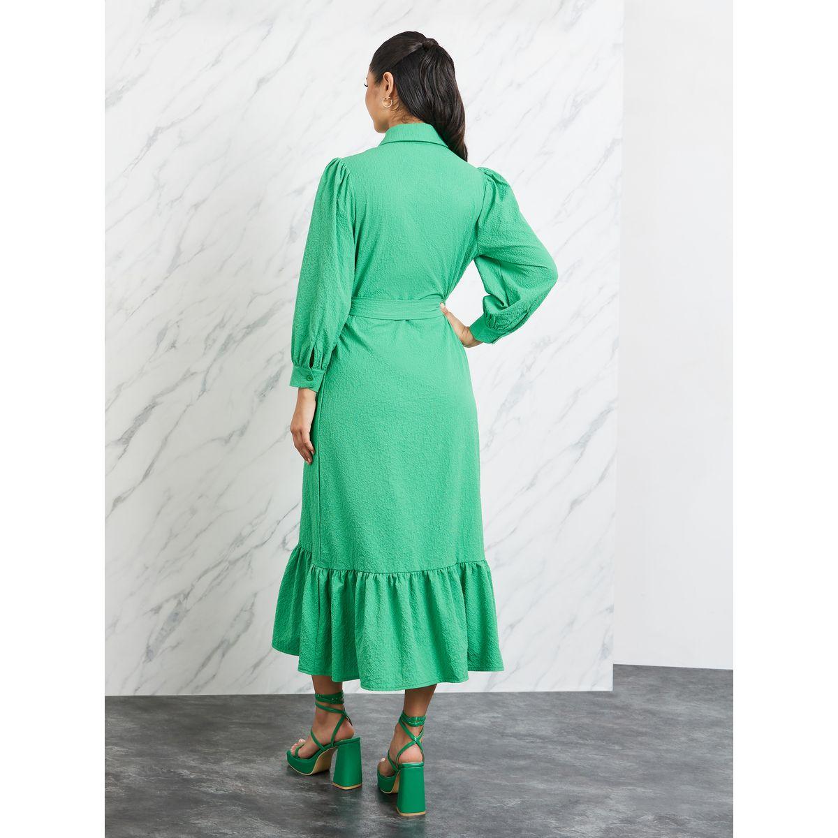 Styli Textured Front Flap Pocket Shirt Midi Dress with Self Tie Up-women-clothing-dresses-image-4