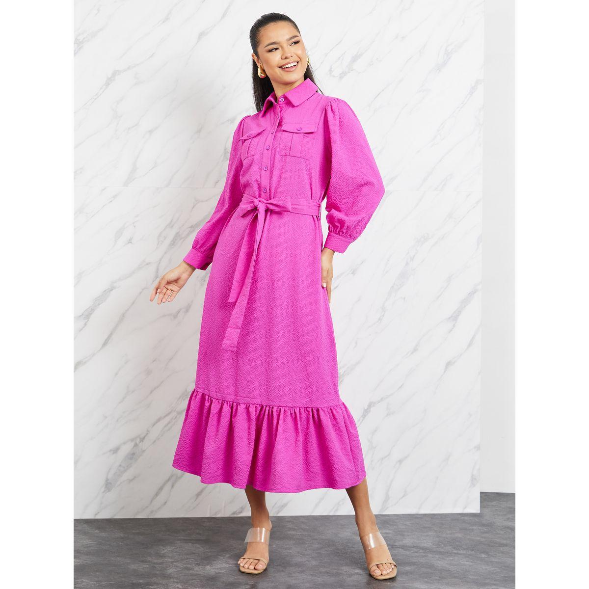 فستان ميدي بحافة كشكش مع حزام-women-clothing-dresses-image-1