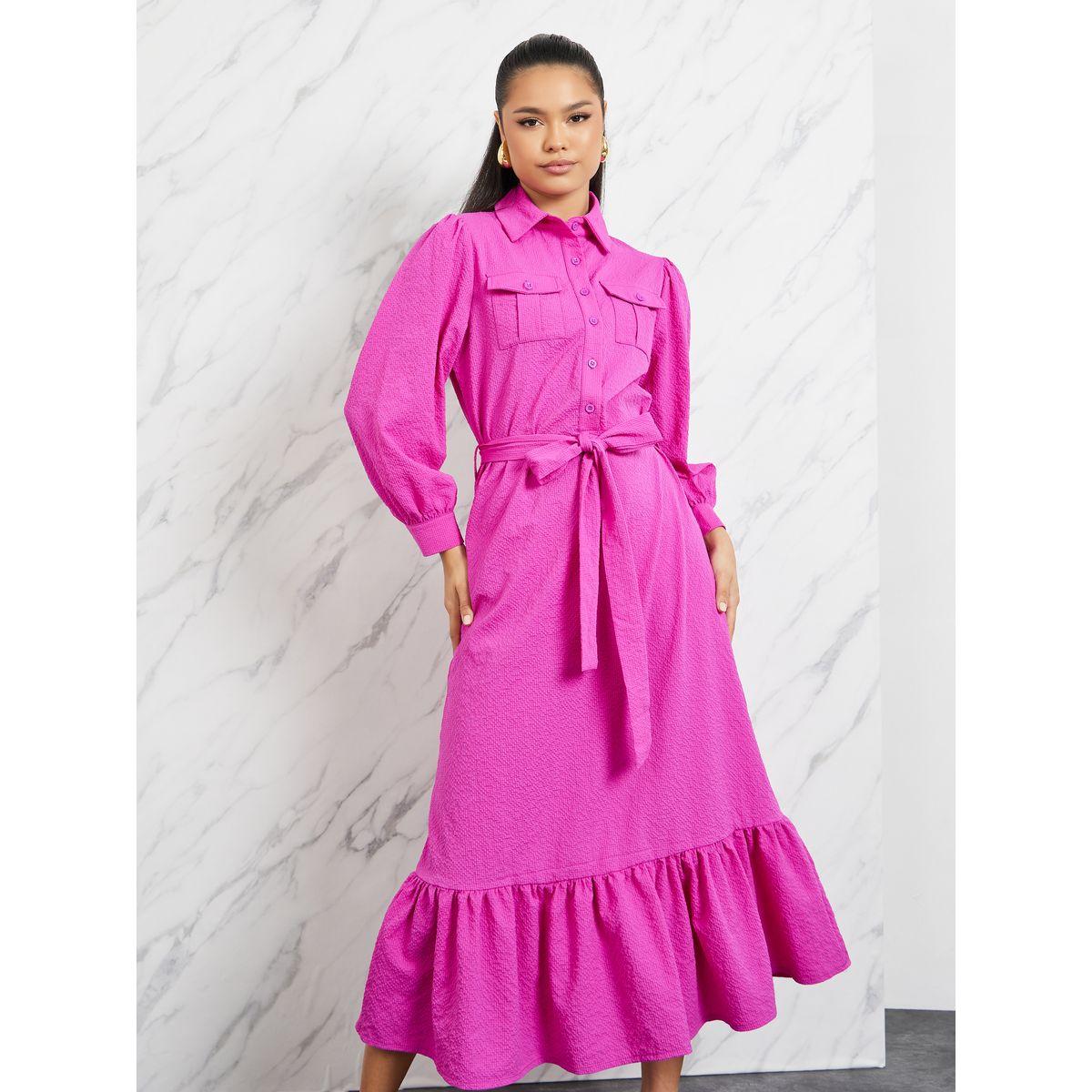 فستان ميدي بحافة كشكش مع حزام-women-clothing-dresses-image-2