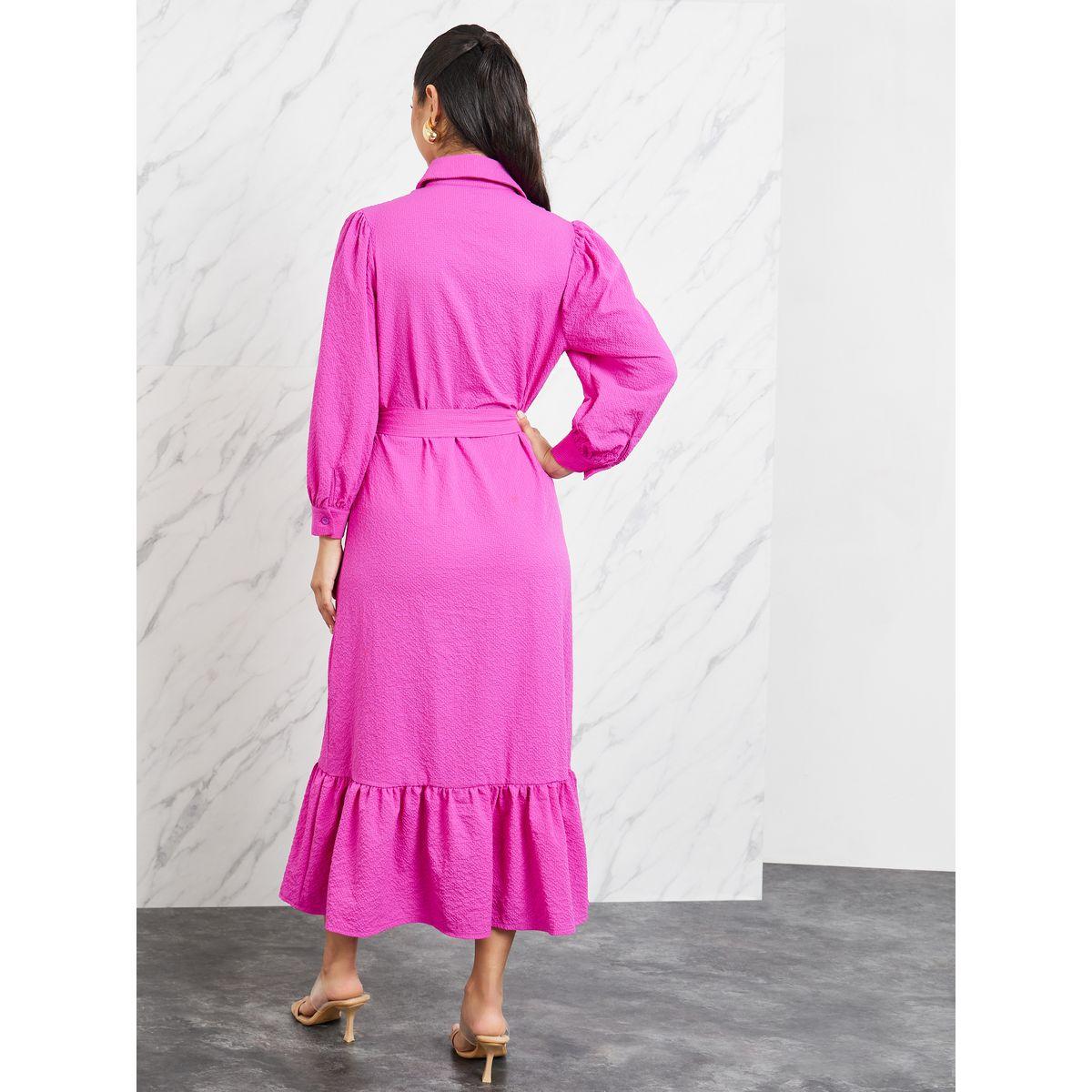 فستان ميدي بحافة كشكش مع حزام-women-clothing-dresses-image-4