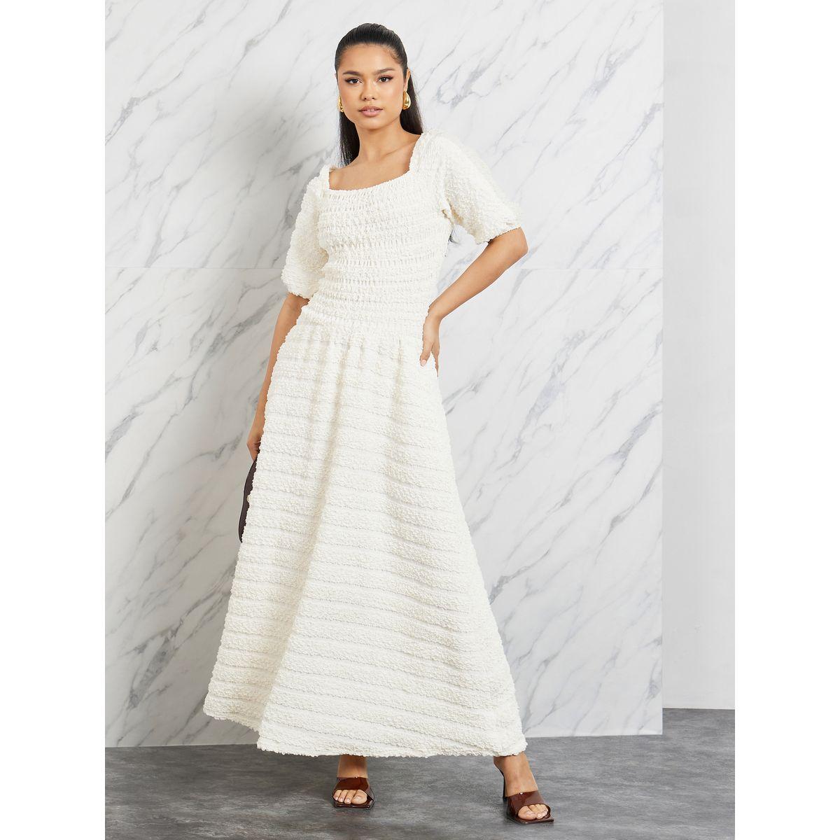 Styli Textured Smocking Puff Sleeve A-Line Maxi Dress-women-clothing-dresses-image-1