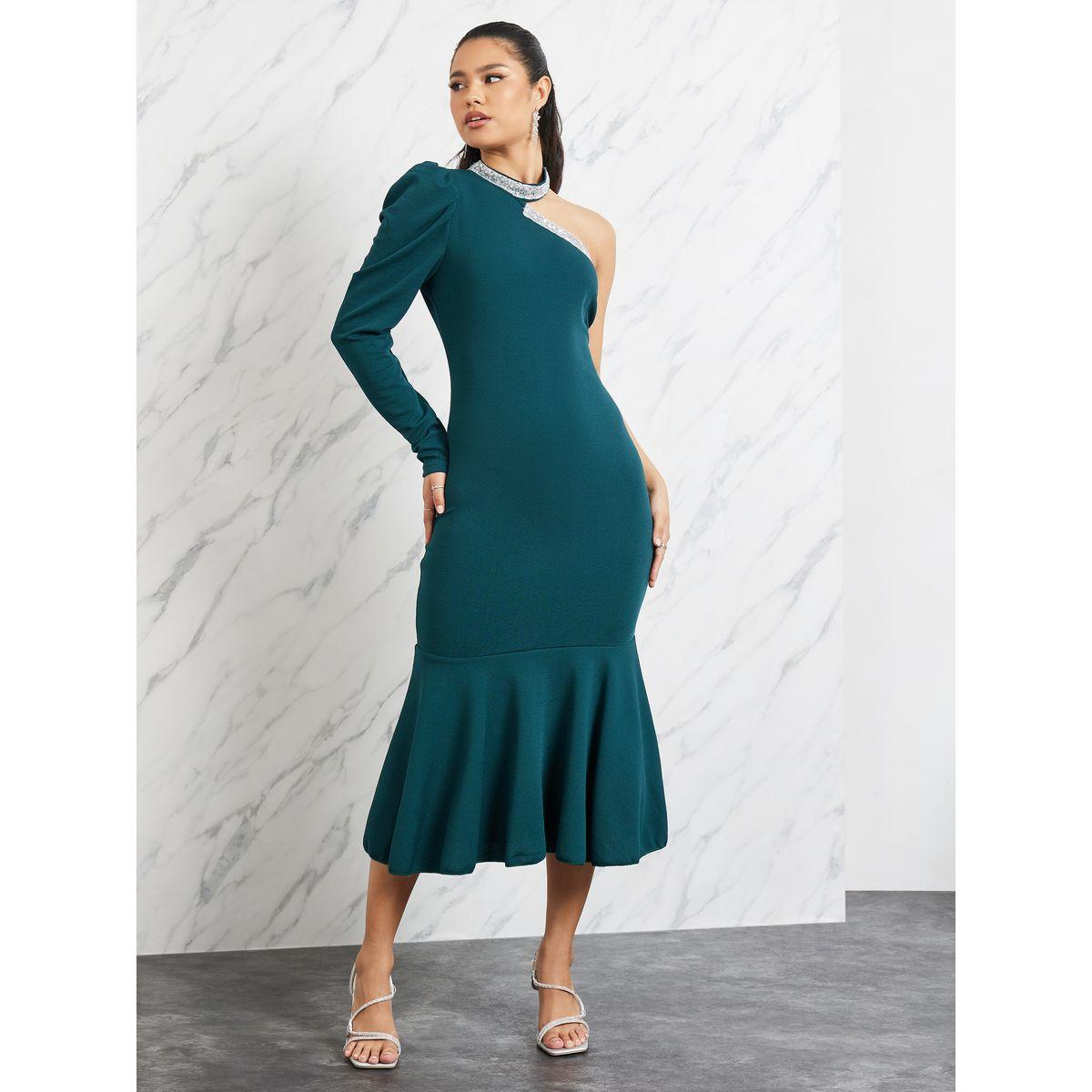 فستان ميدي بكتف واحد وتفاصيل منمقة-women-clothing-dresses-image-1