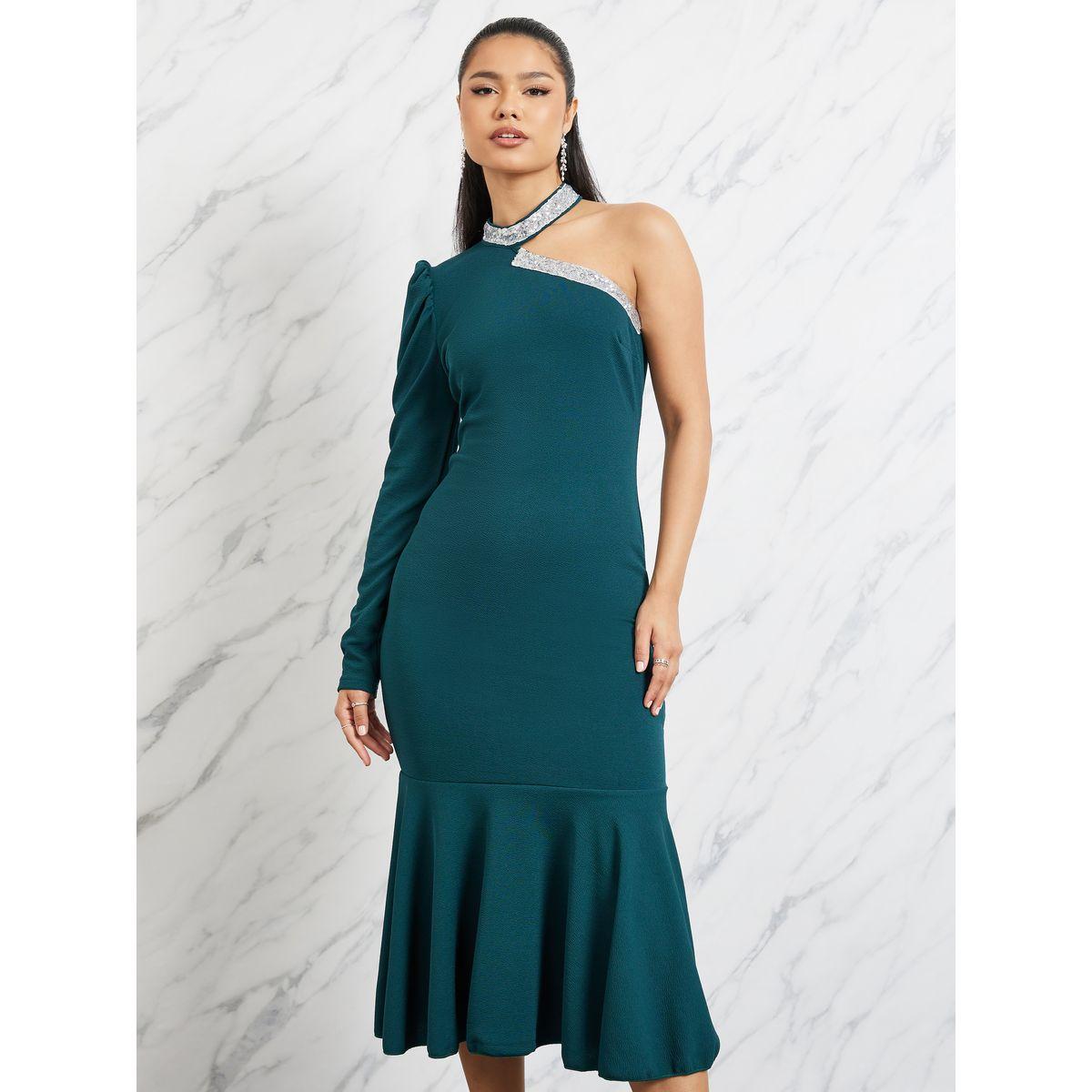 Styli Embellished Trim One Shoulder Sleeves Mermaid Midi Dress-women-clothing-dresses-image-2