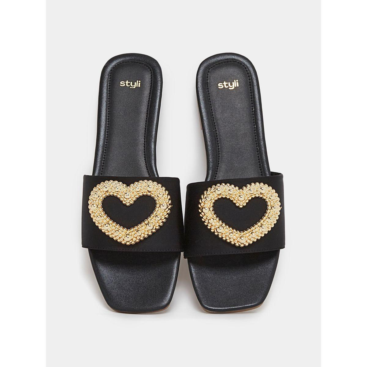 Styli Metallic Beaded Heart Accent Slip On Flat Sandals-women-shoes-sandals-flats-image-6