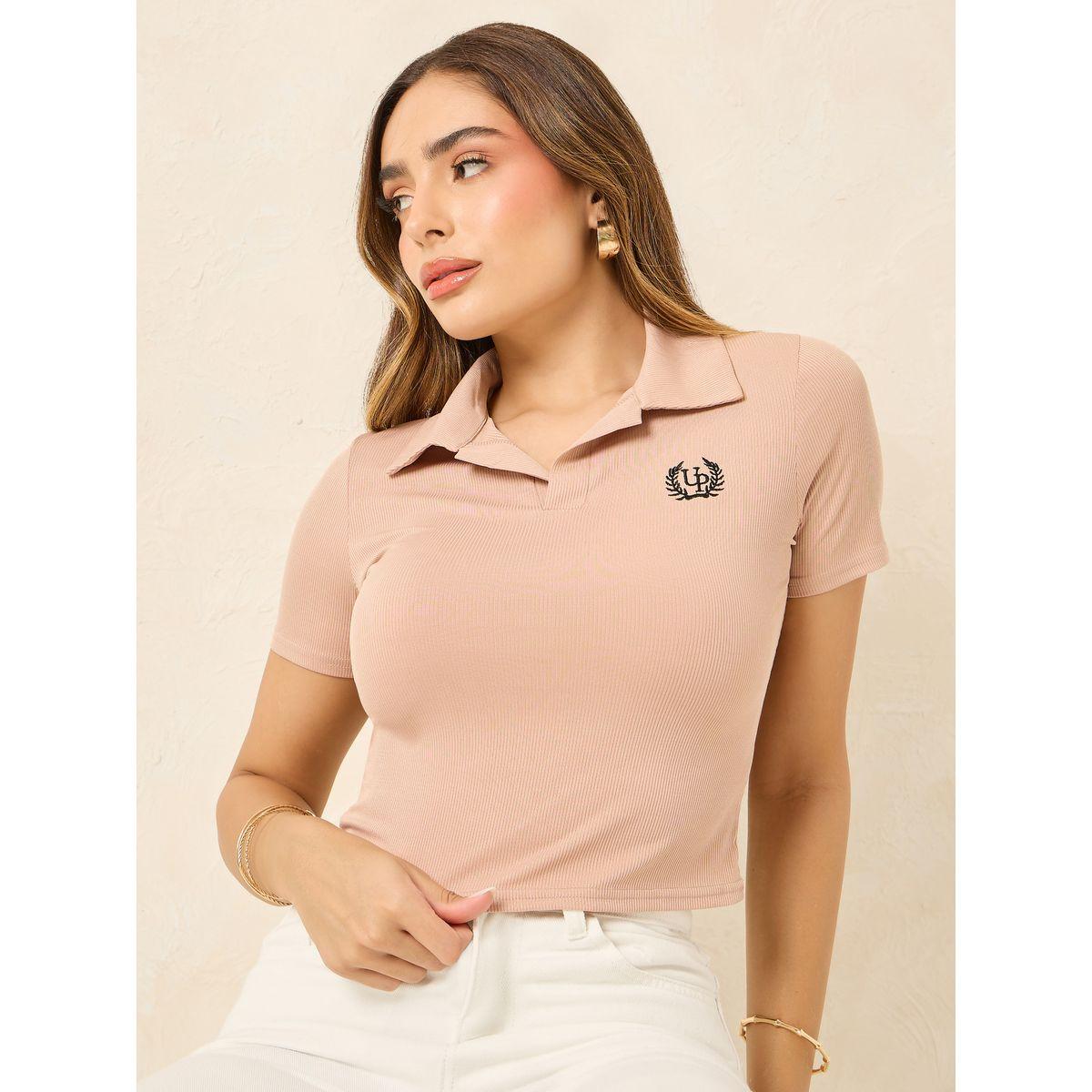Styli Embroidered Ribbed Fitted Crop Polo T-Shirt-women-clothing-tshirts-image-1