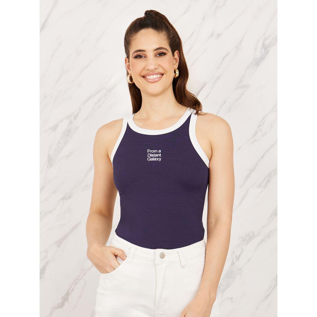 Styli Galaxy Slogan Embroidered Contrast Binding Fitted Tank-women-clothing-tshirts-image-1