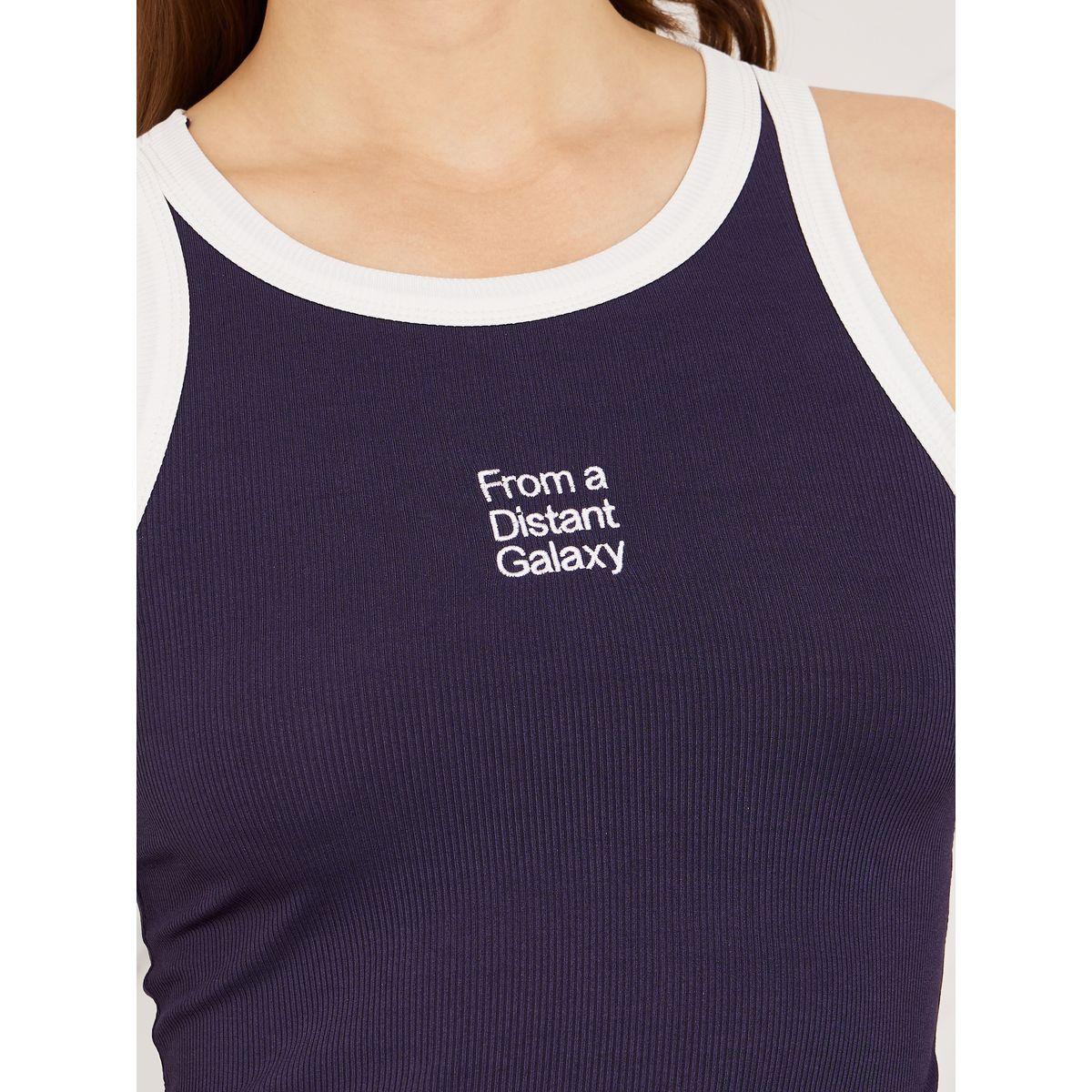 Styli Galaxy Slogan Embroidered Contrast Binding Fitted Tank-women-clothing-tshirts-image-4