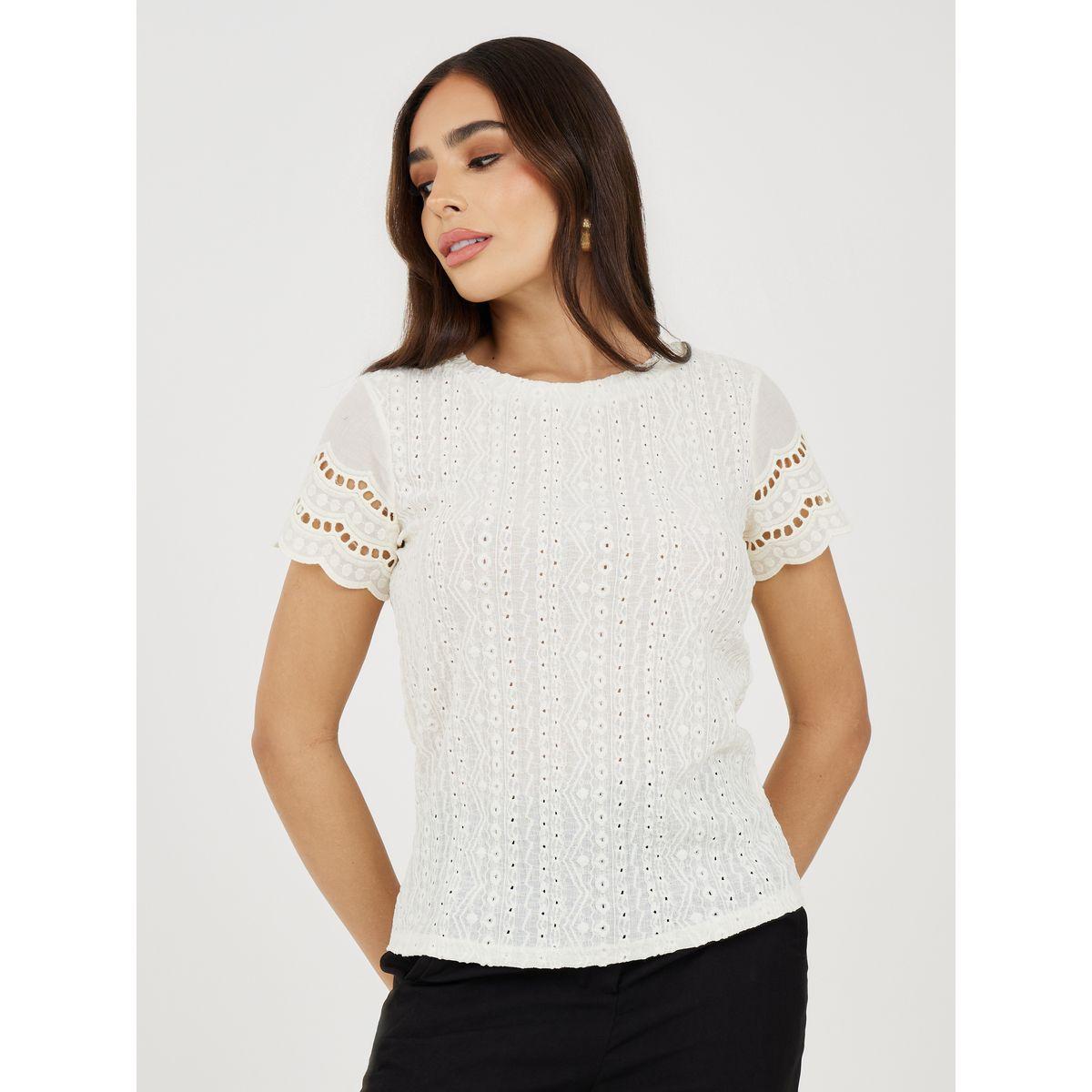 Styli Regular Fit Broderie Anglaise Round Neck T-Shirt-women-clothing-tshirts-image-2