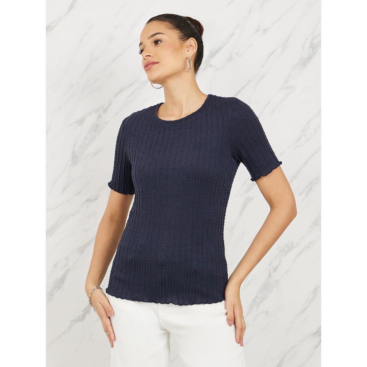 Styli Regular Fit Cable Knit Texture Lettuce Trim T-shirt-women-clothing-tshirts-image-1