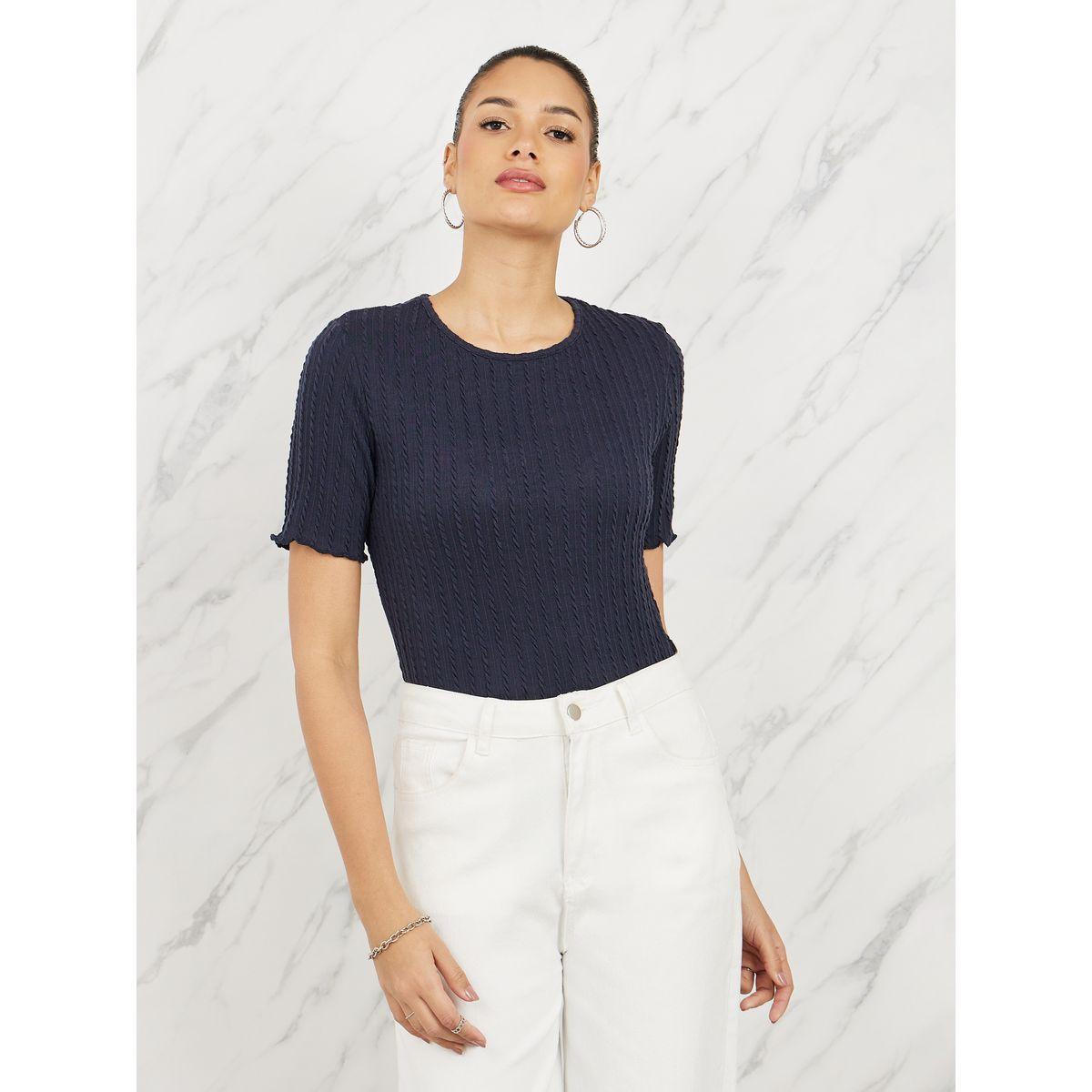 Styli Regular Fit Cable Knit Texture Lettuce Trim T-shirt-women-clothing-tshirts-image-2
