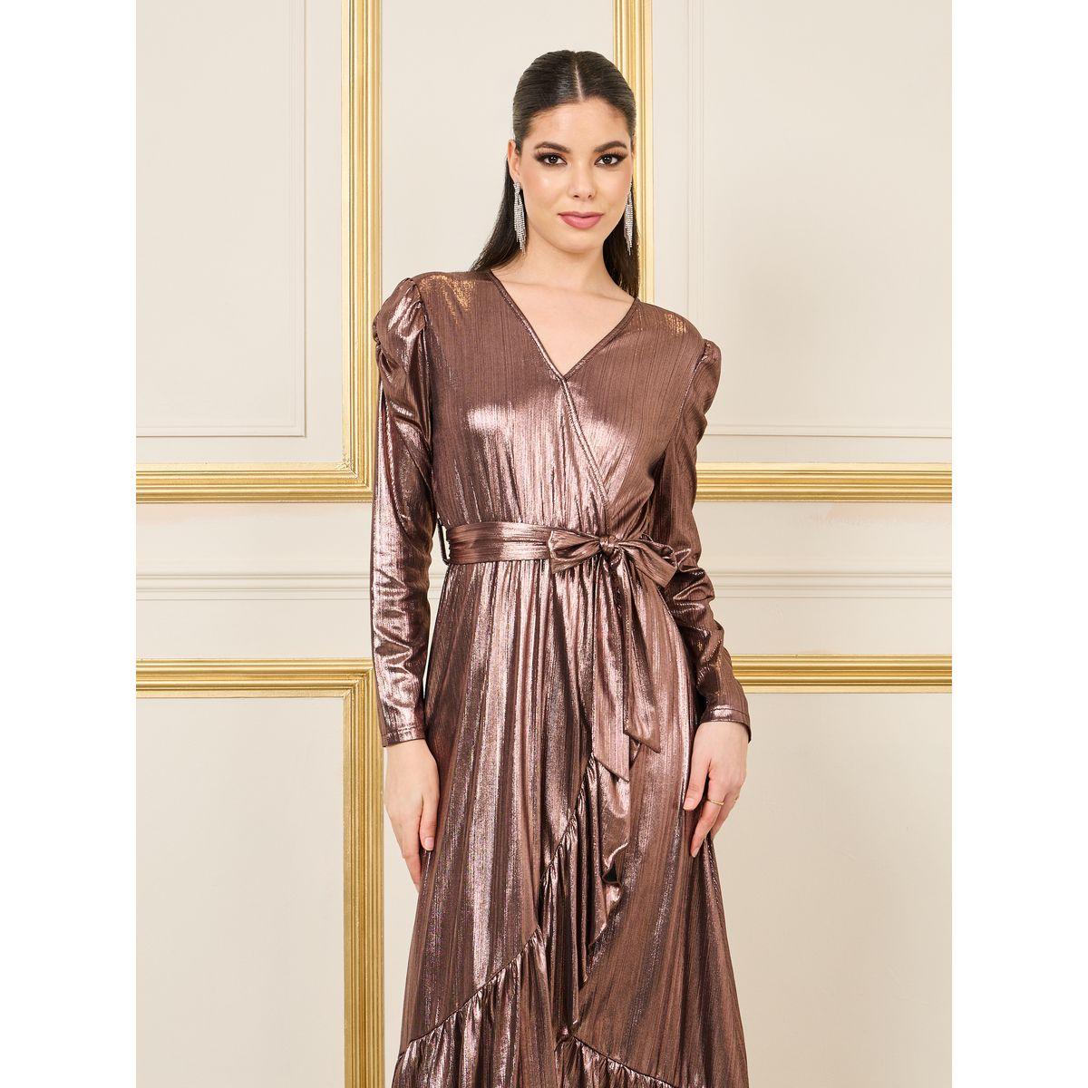 Styli Limited Metallic Ruffle Hem Self Tie Wrap Maxi Dress-women-clothing-dresses-image-2