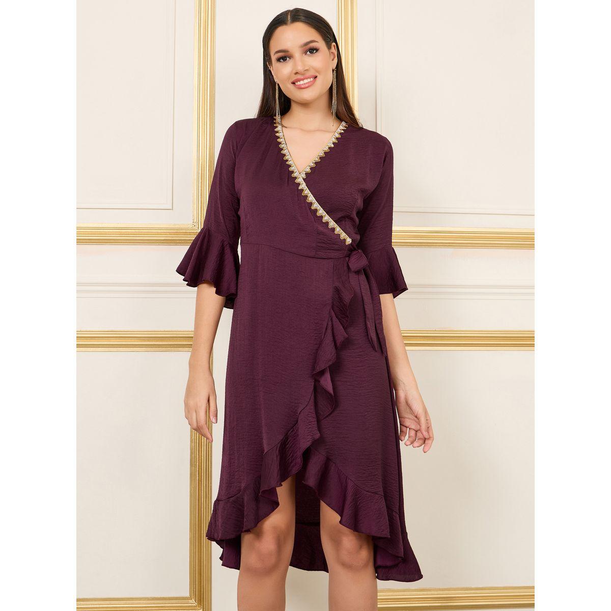 فستان ميدي بنمط لف وكشكش مع دانتيل-women-clothing-dresses-image-1