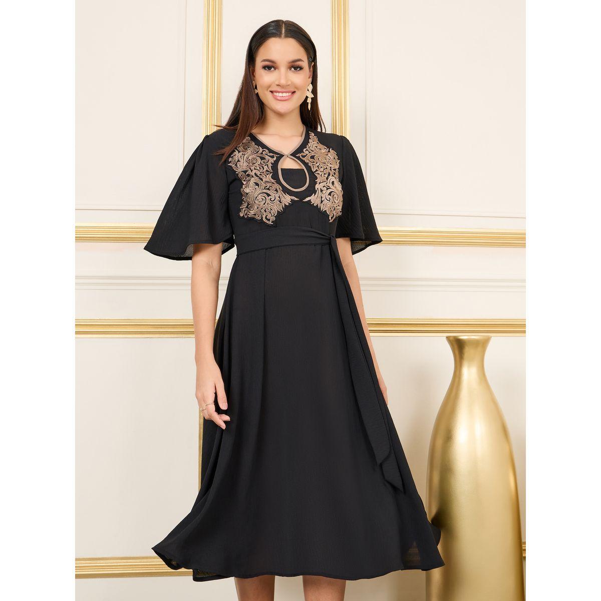Styli Embroidered Keyhole Neck A-Line Midi Dress-women-clothing-dresses-image-2