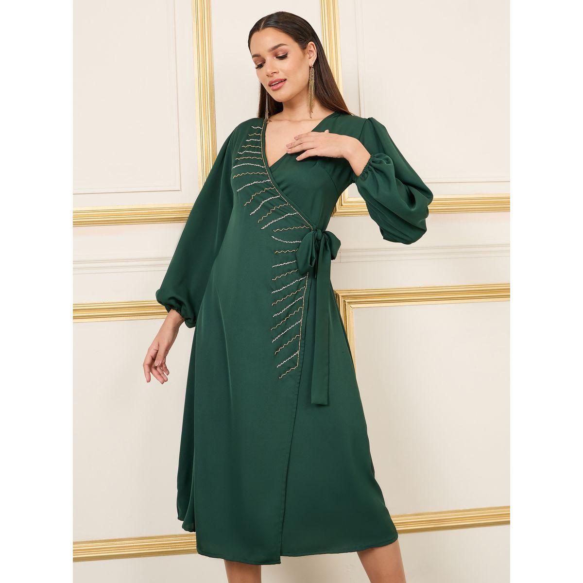 Styli Beaded Detail A-Line Wrap Midi Dress-women-clothing-dresses-image-1
