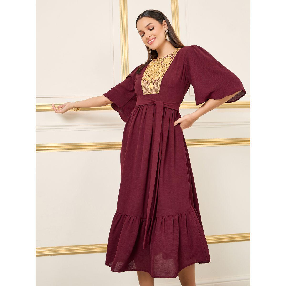 Styli Embroidered 3/4 Sleeve Tiered Midi Dress with Tie Belt-women-clothing-dresses-image-1