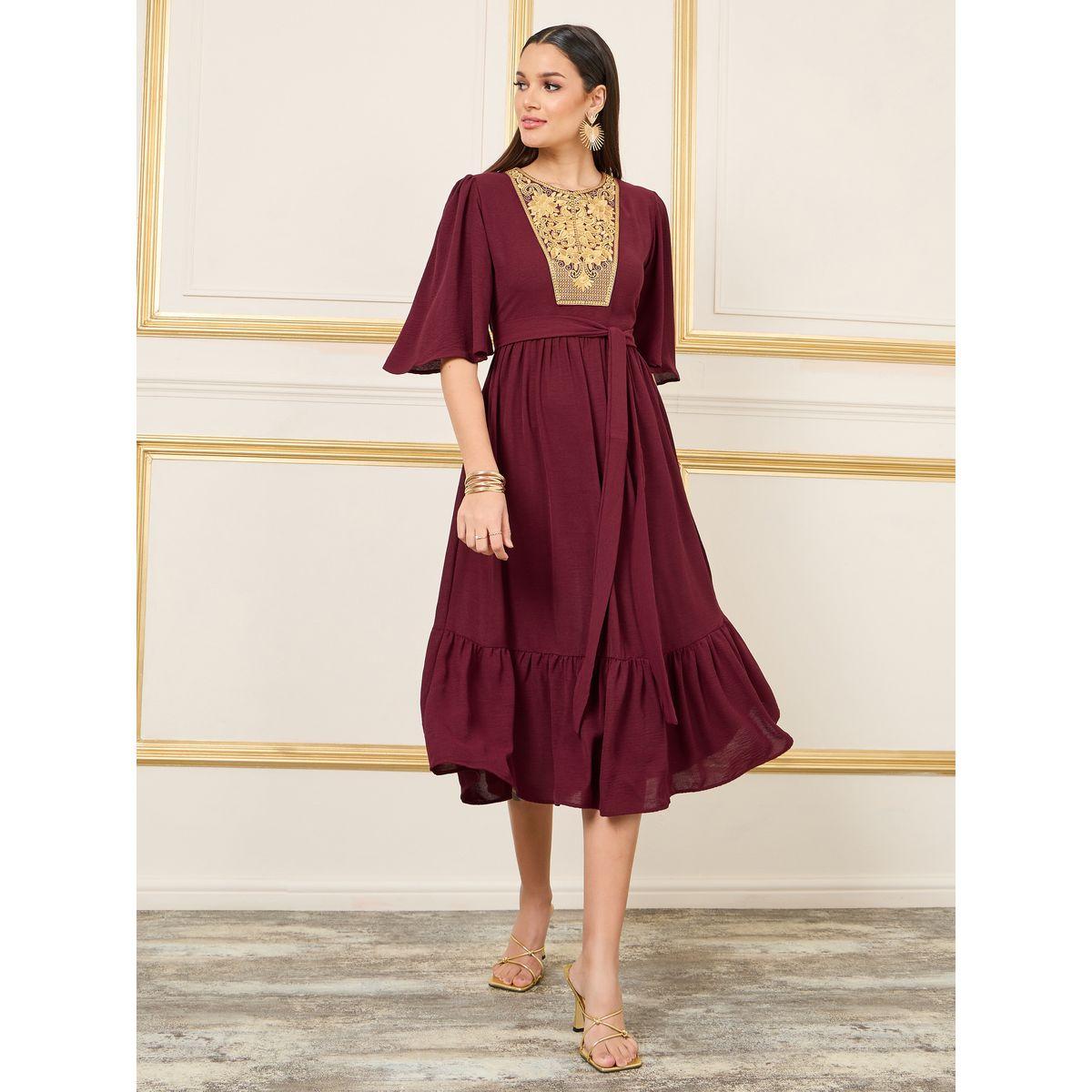 Styli Embroidered 3/4 Sleeve Tiered Midi Dress with Tie Belt-women-clothing-dresses-image-2