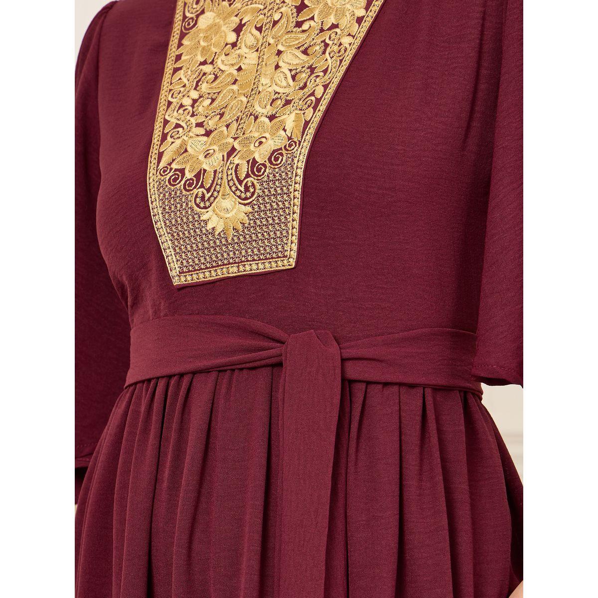 Styli Embroidered 3/4 Sleeve Tiered Midi Dress with Tie Belt-women-clothing-dresses-image-3