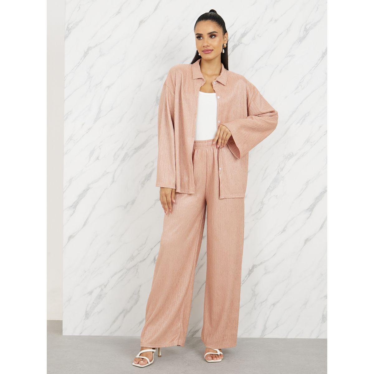 مجموعة من بنطال واسع مع بلوزة محبوكة بكتف منخفض-women-clothing-coordsets-image-2