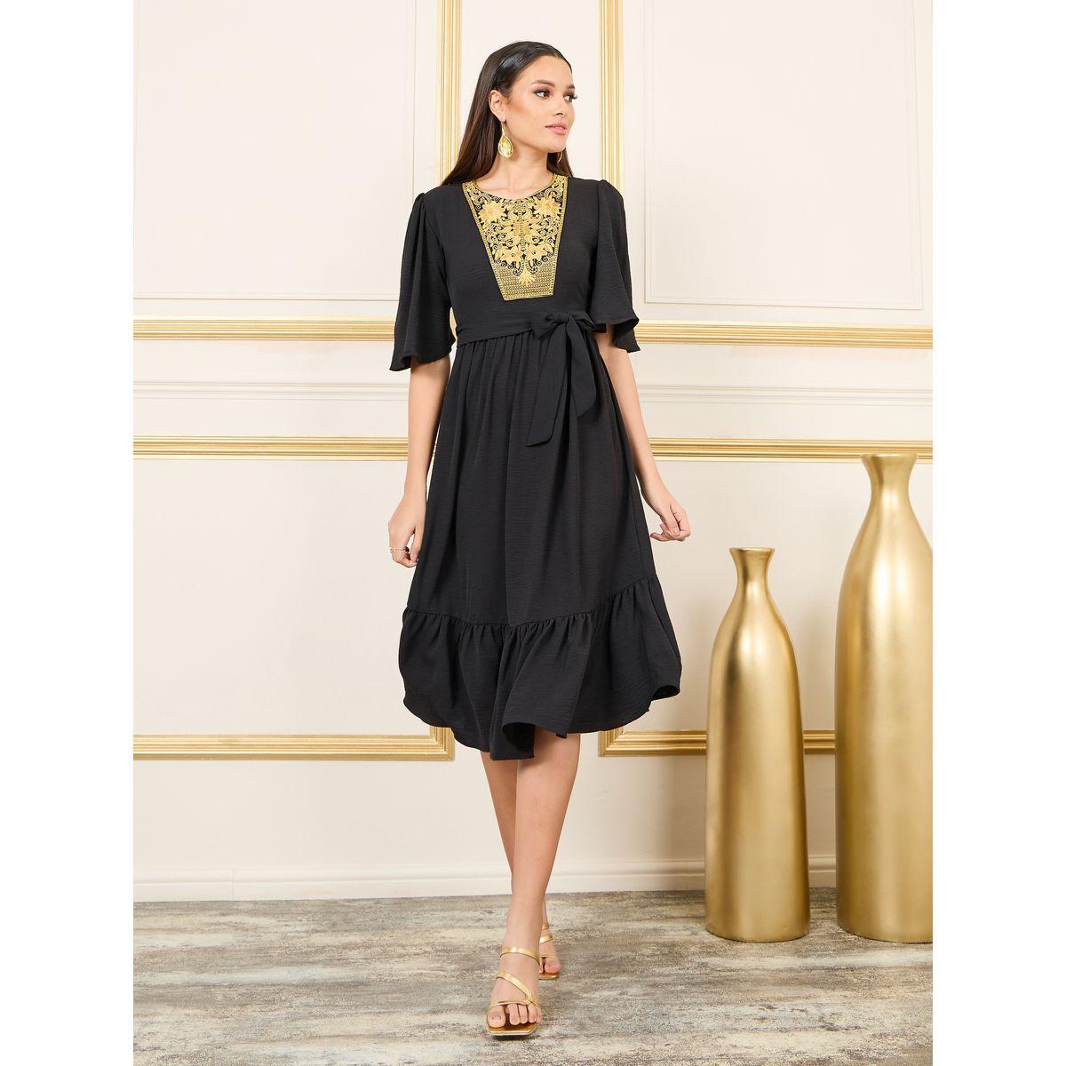 Styli Embroidered 3/4 Sleeve Tiered Midi Dress with Tie Belt-women-clothing-dresses-image-1