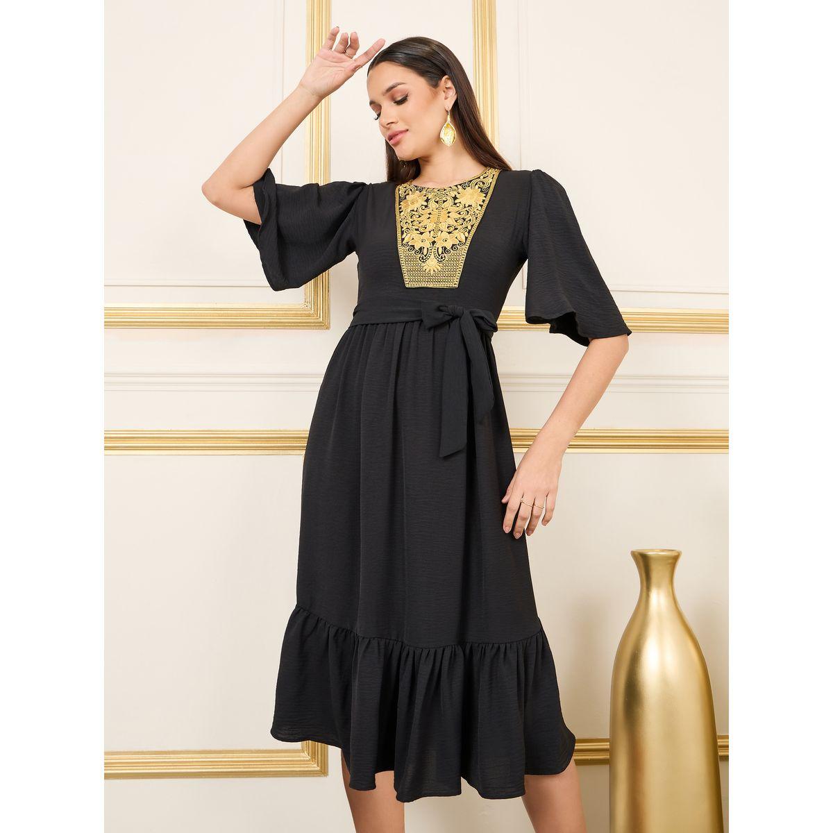 فستان ميدي بكسرات وحزام خصر-women-clothing-dresses-image-2