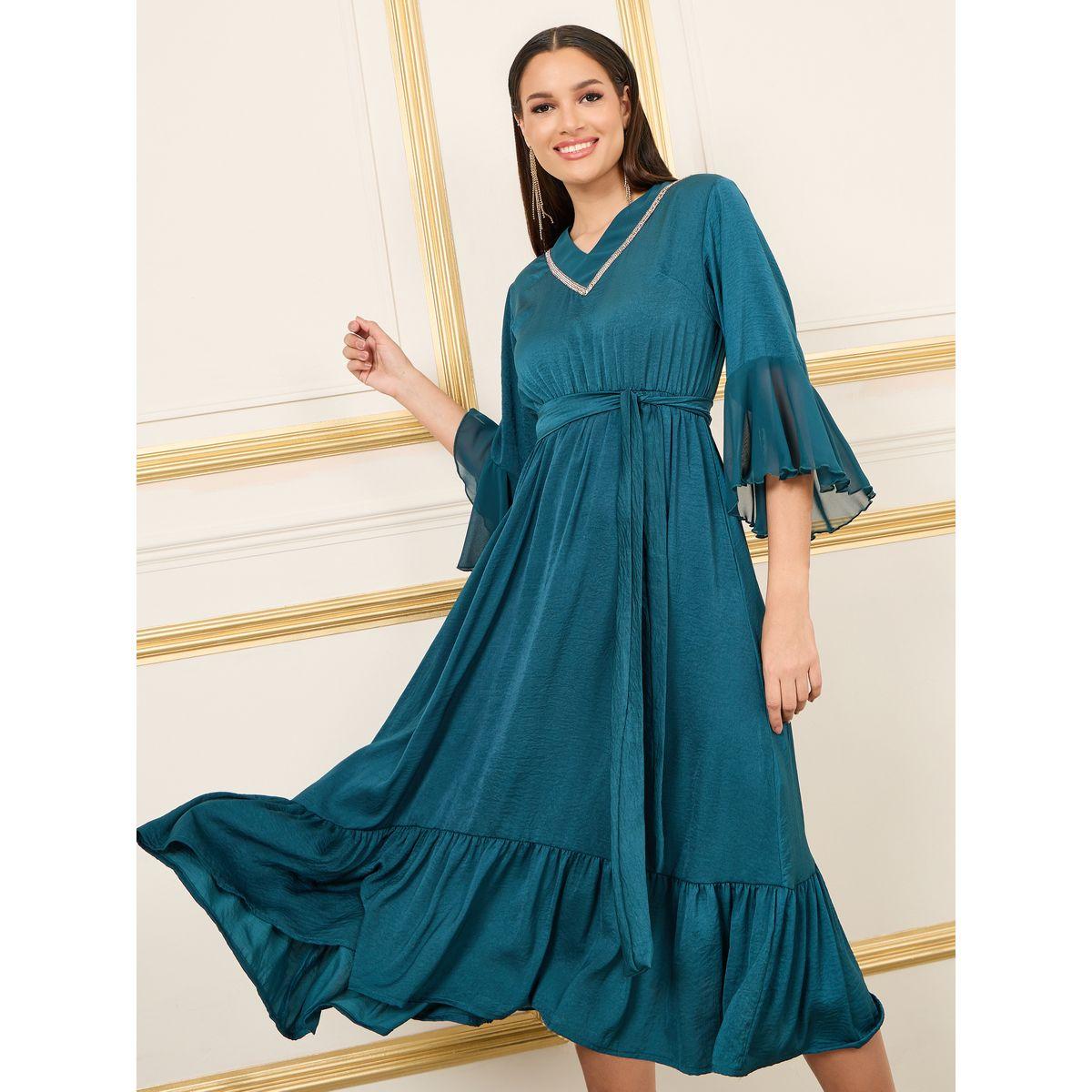 فستان ميدي بحافة واسعة وحزام خصر-women-clothing-dresses-image-1