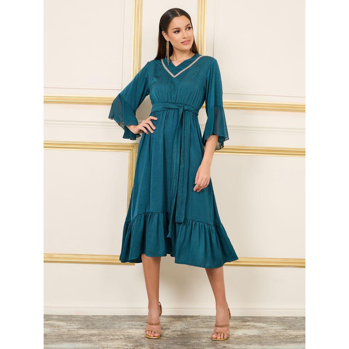 فستان ميدي بحافة واسعة وحزام خصر-women-clothing-dresses-image-2