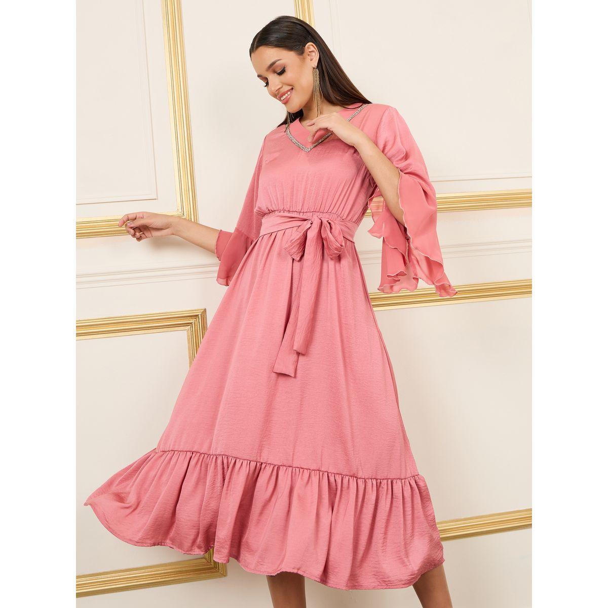 فستان ميدي بحافة واسعة وحزام خصر-women-clothing-dresses-image-1
