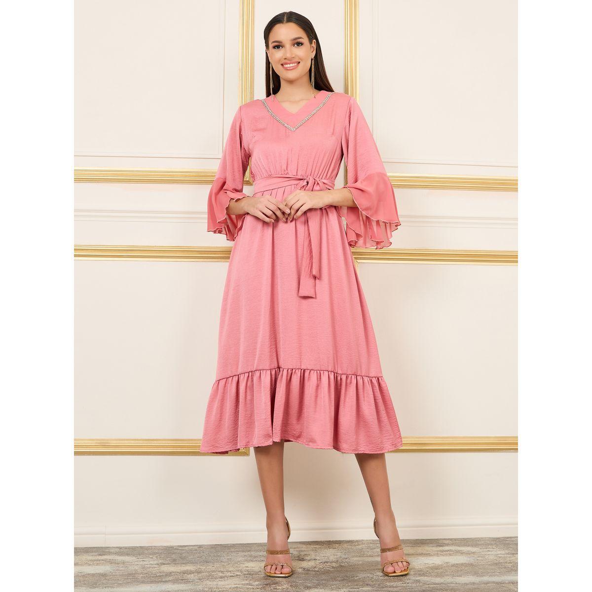 فستان ميدي بحافة واسعة وحزام خصر-women-clothing-dresses-image-2