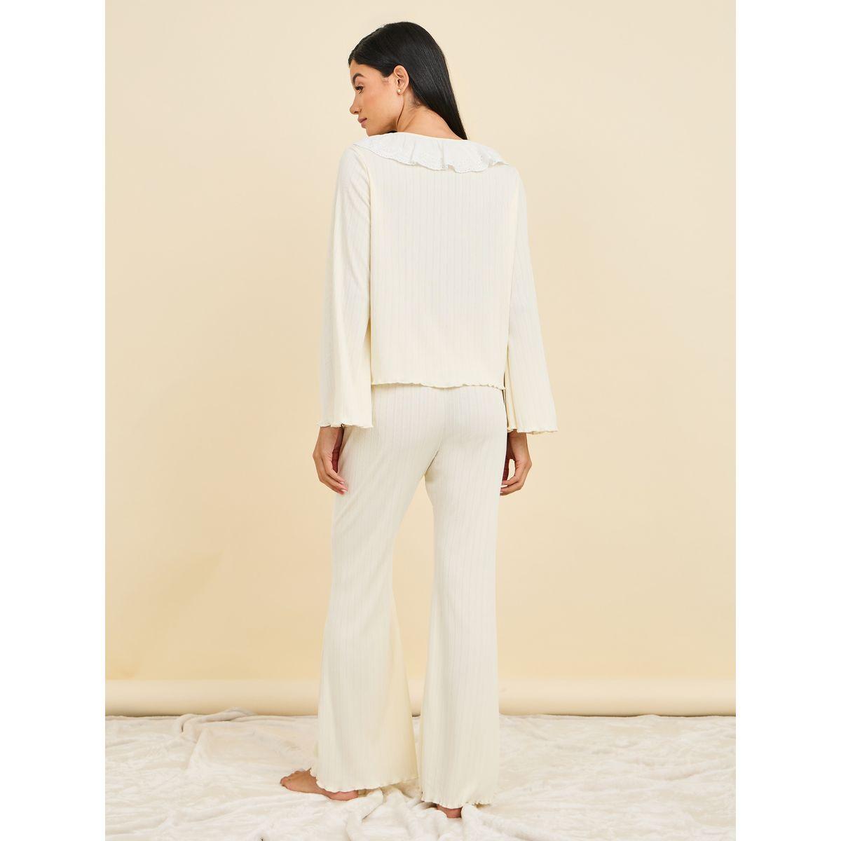 Styli Unwind Broderie Ruffle Neck Ribbed Shirt and Pyjama Set-women-clothing-nightwear-pyjamas-longsets-image-5