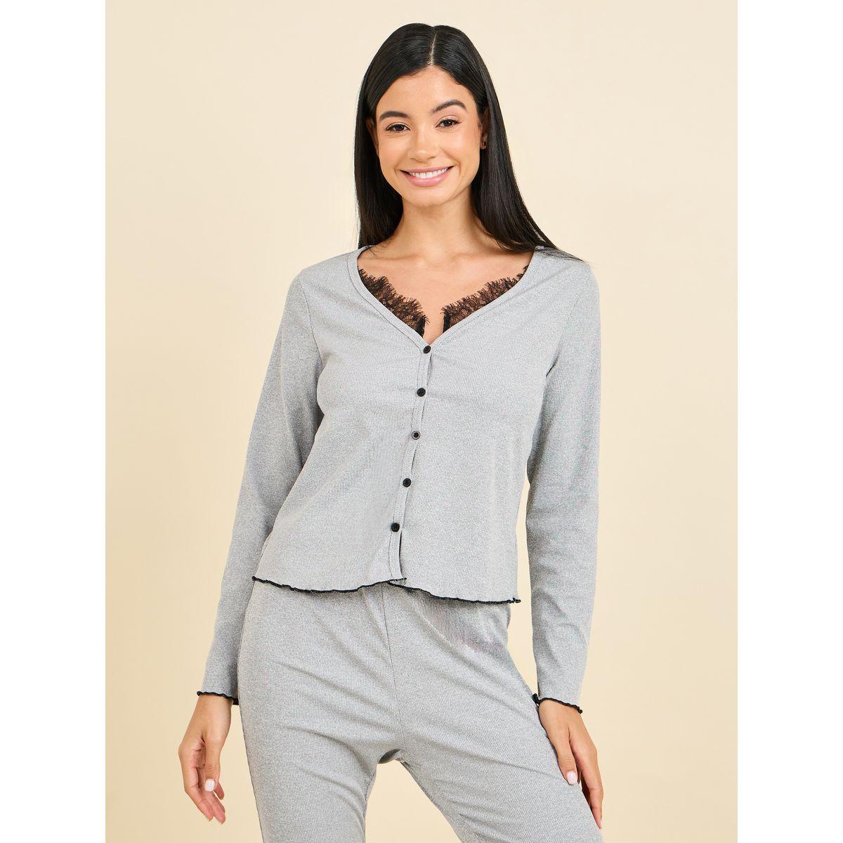 Styli Unwind Contrast Lace Trim Detail Lettuce Hem Ribbed T-shirt and Pyjama Set-women-clothing-nightwear-pyjamas-longsets-image-3