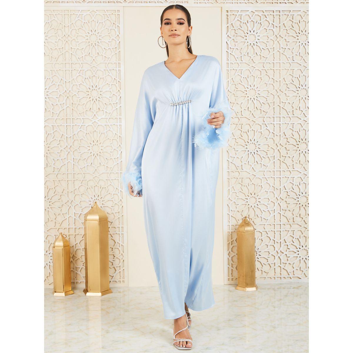 جلابية ساتان مزينة بريش صناعي-women-arabicclothing-jalabiyas-image-1
