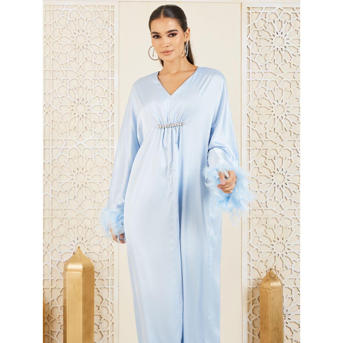 Styli Satin Faux Feather Trim Sleeves Crystal Stone Detail Jalabiya-women-arabicclothing-jalabiyas-image-2