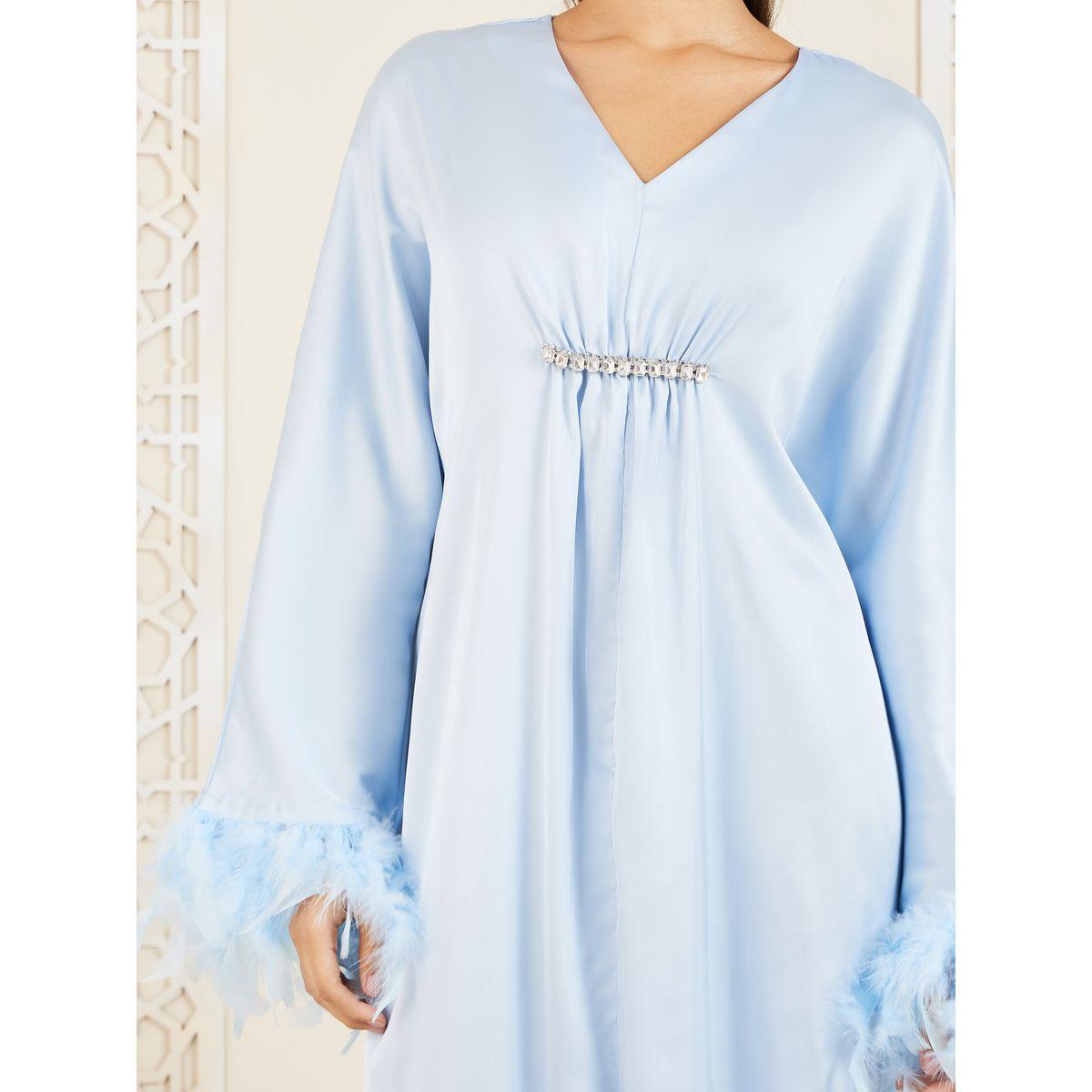 Styli Satin Faux Feather Trim Sleeves Crystal Stone Detail Jalabiya-women-arabicclothing-jalabiyas-image-3