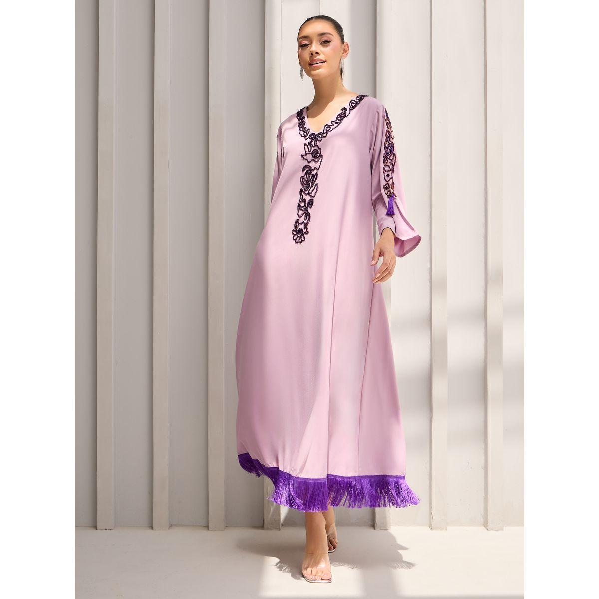 Amirah X Styli Bead Embroidered Fringe Hem Jalabiya-women-arabicclothing-jalabiyas-image-1