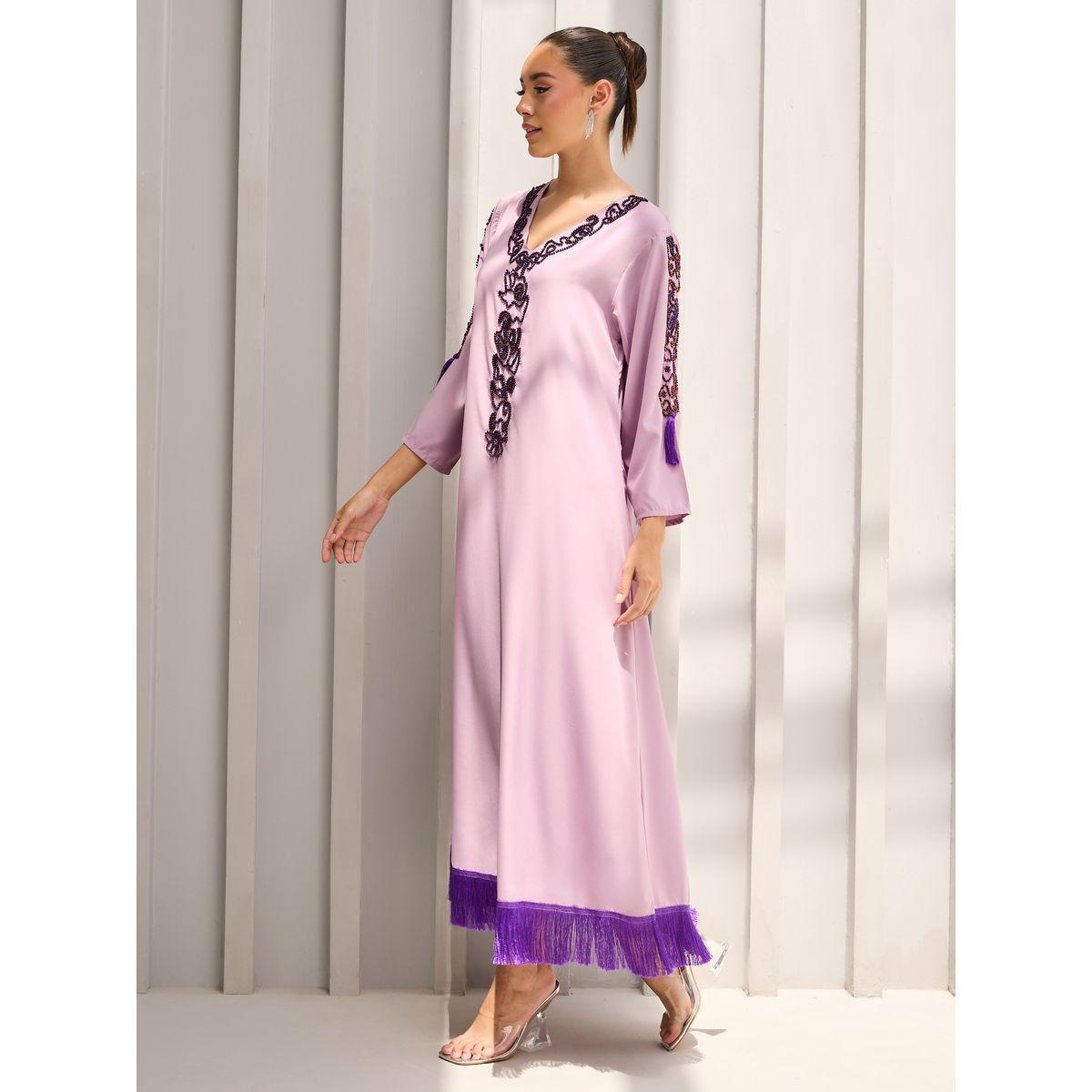 Amirah X Styli Bead Embroidered Fringe Hem Jalabiya-women-arabicclothing-jalabiyas-image-2