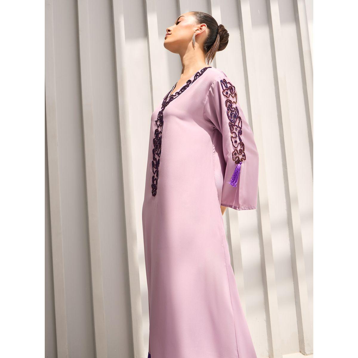 Amirah X Styli Bead Embroidered Fringe Hem Jalabiya-women-arabicclothing-jalabiyas-image-3