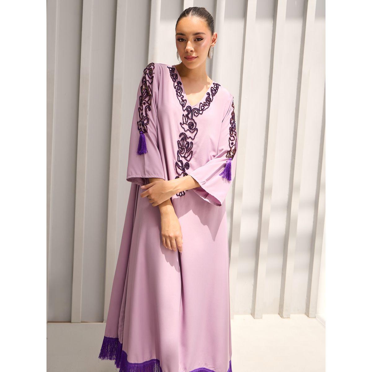 Amirah X Styli Bead Embroidered Fringe Hem Jalabiya-women-arabicclothing-jalabiyas-image-4