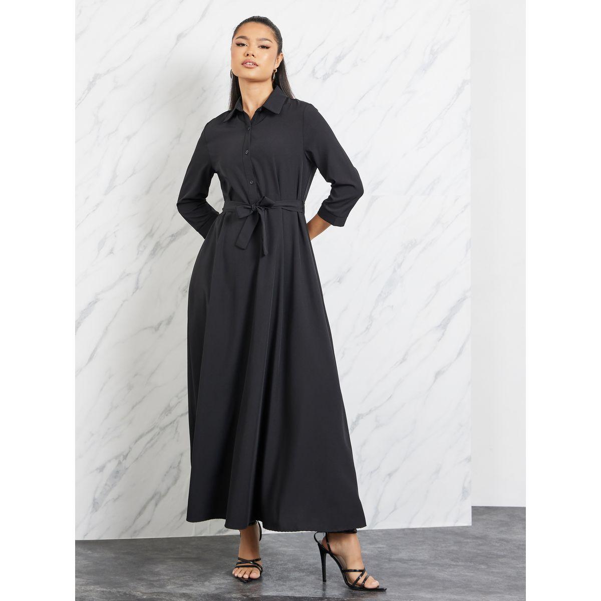 فستان طويل سادة برباط خصر-women-clothing-dresses-image-1
