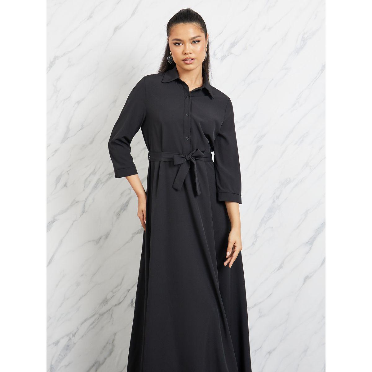 Styli Solid Self Tie Up Maxi Shirt Dress-women-clothing-dresses-image-2