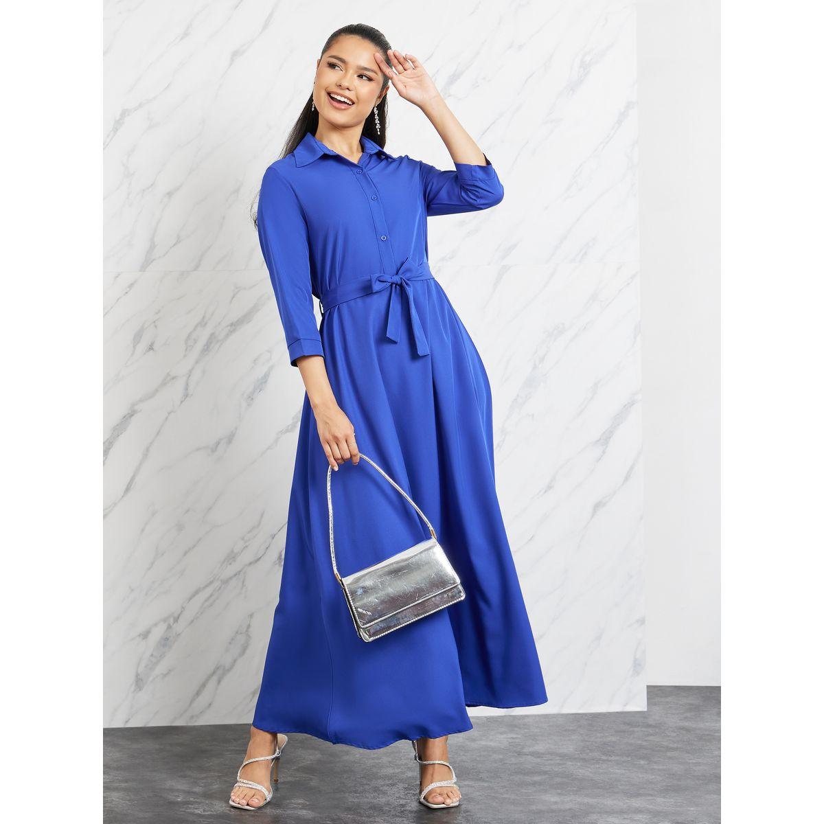 Styli Solid Self Tie Up Maxi Shirt Dress-women-clothing-dresses-image-1