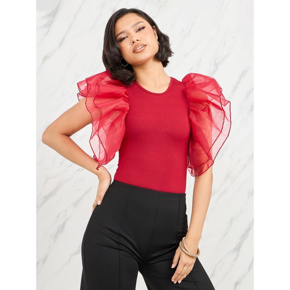 Styli Organza Ruffle Sleeves Solid Bodysuit-women-clothing-tshirts-image-3
